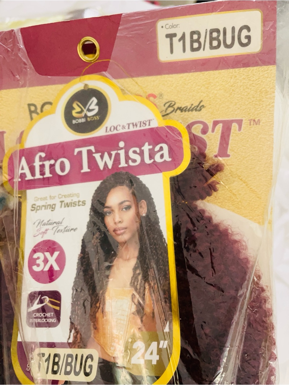 2pks Bobbi Boss Afro Twista 24" Synthetic Spring Twist Hair - T1B/Bug (Burgundy)